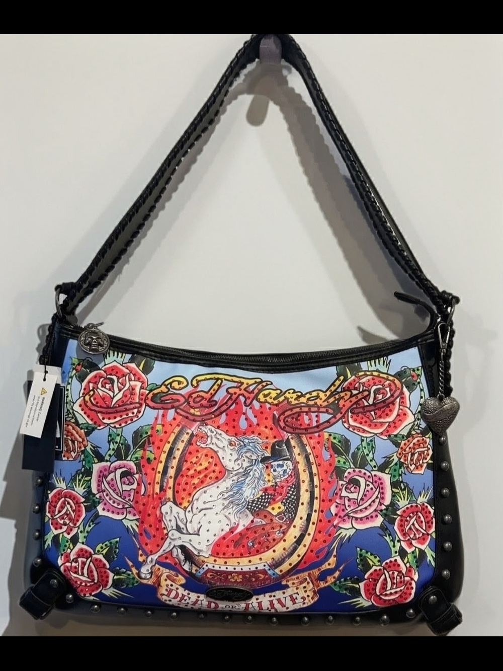 Ed Hardy Women's Blue Floral Unicorn Shoulder Bag
